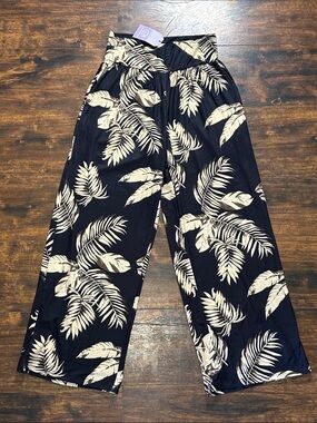🌴 Gracyoga NWT Black Cream Tropical Leaf Wide Leg Yoga Pants M 🧘‍♀️